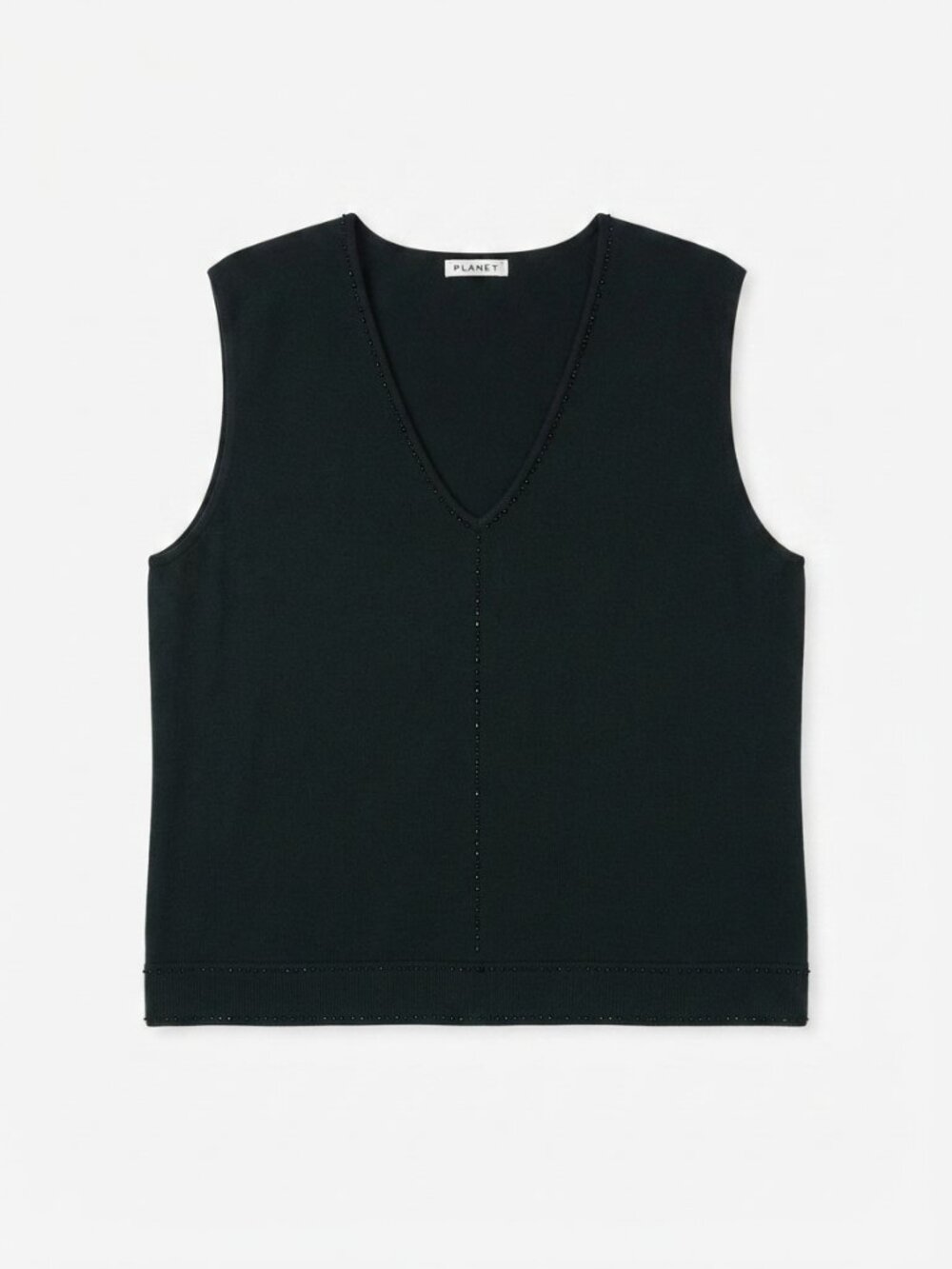 PLANET -Preppy Black Beaded knit V-Neck Sweater Vest Minimalist Business –Large